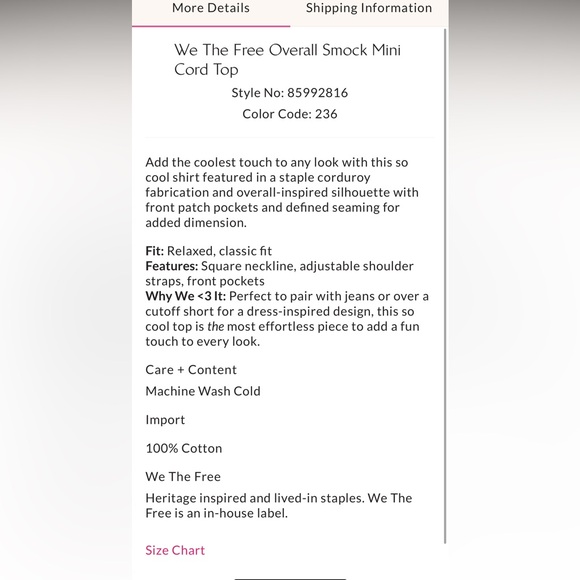 NWT We The Free Overall Smock Cord Top in Adventurer Size Small - Picture 9 of 9